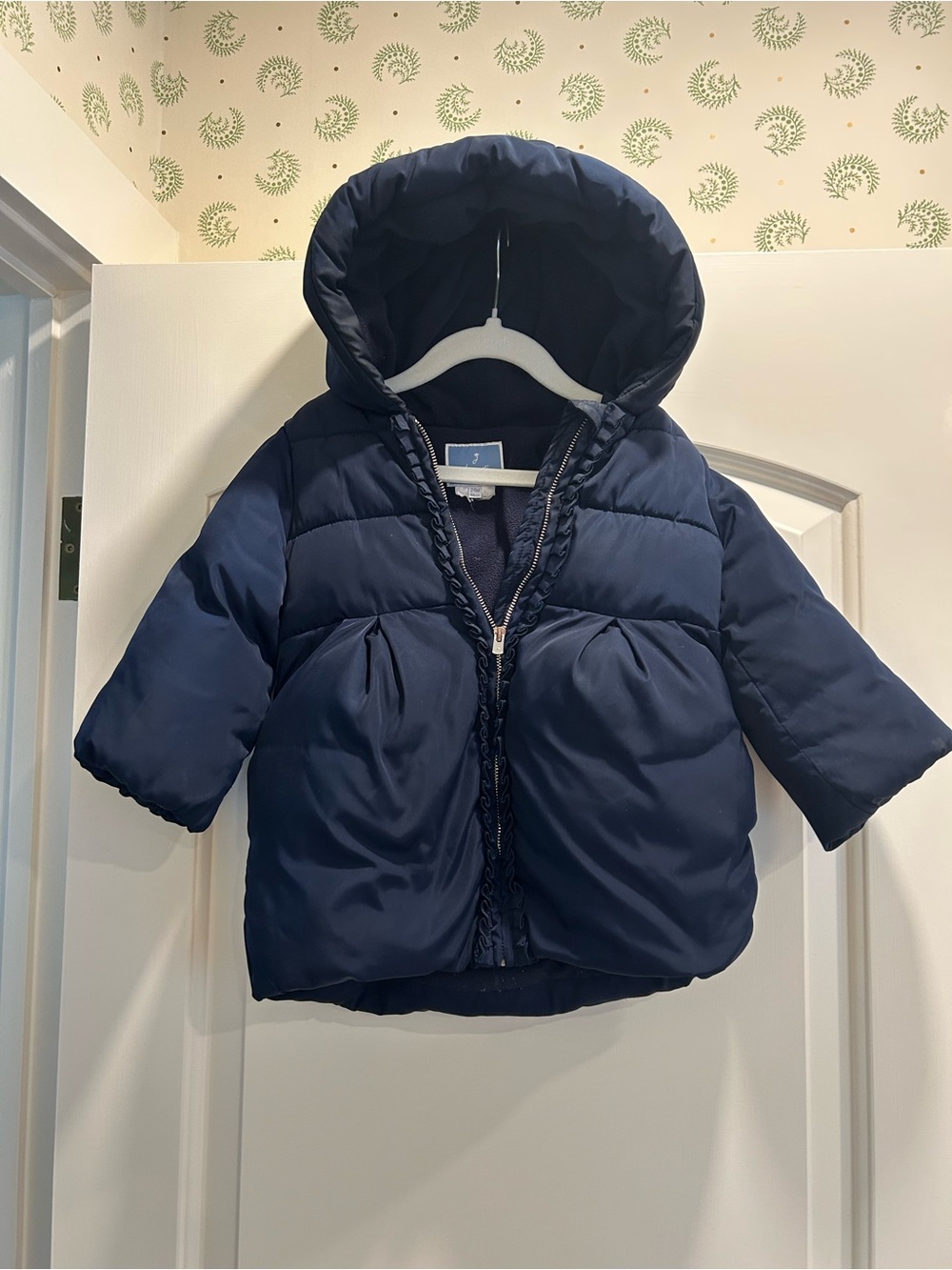 Jacadi Navy Hooded Puffer Jacket with Ruffle at Zipper (WARM)